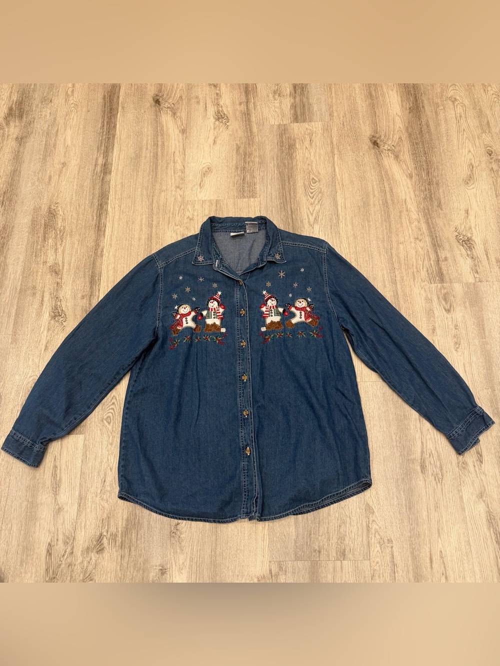 Vintage Bobbie Brooks Embroidered Snowman Denim Shirt XL 100% Cotton